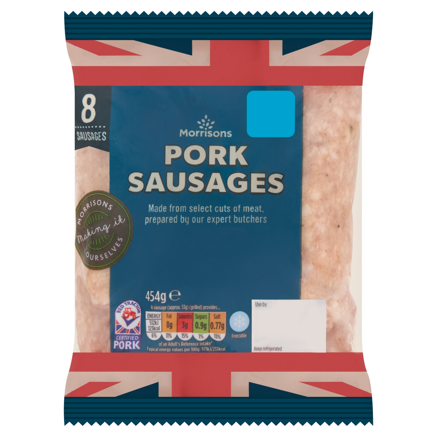 M BUTCHERS STYLE 8 THICK PORK SAUSAGES 454G - Image 1