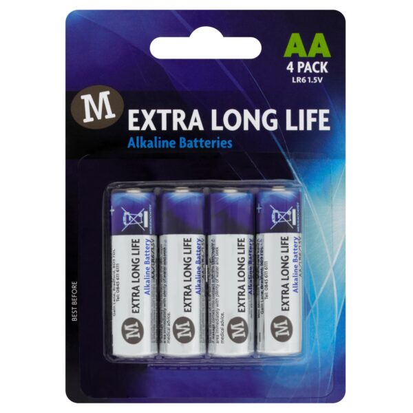 M EXTRA LONG LIFE ALKALINE BATTERIES AA 4PK