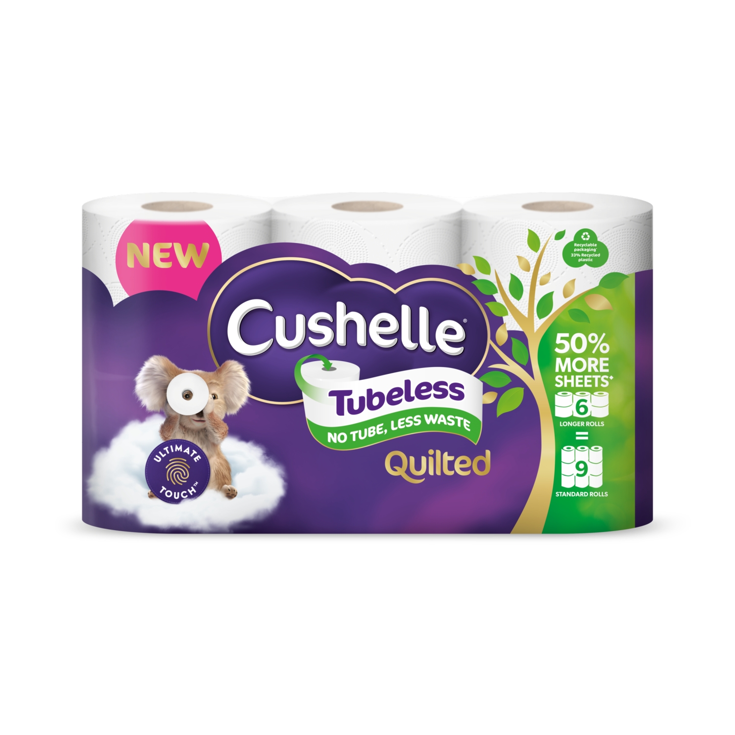 CUSHELLE QUILTED TUBELESS 6=9 TOILET TISSUE ROLLS - Image 1